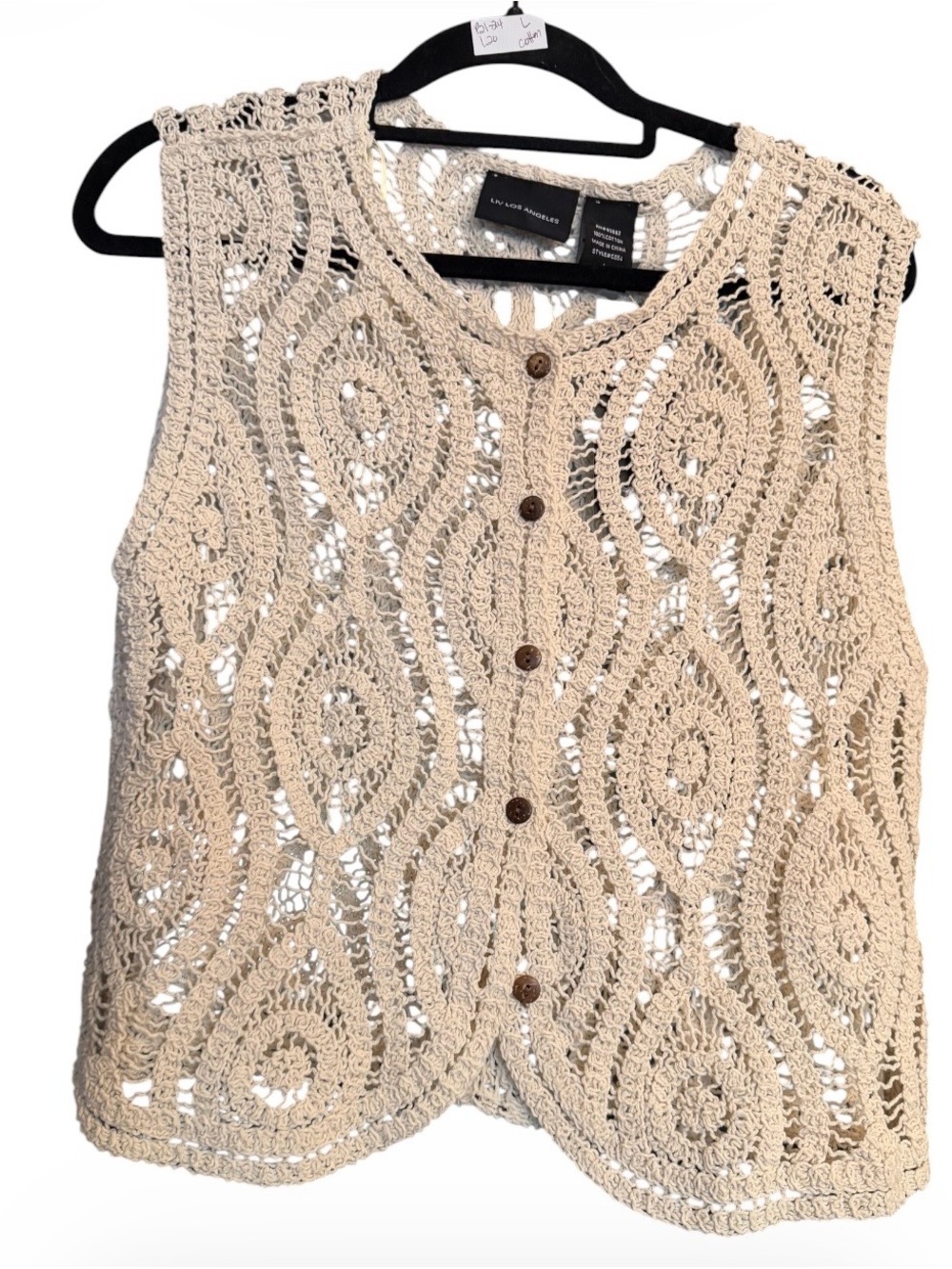 Liv Los Angeles Crochet Button-Front Sleeveless Vest- Cream Size Large NWT